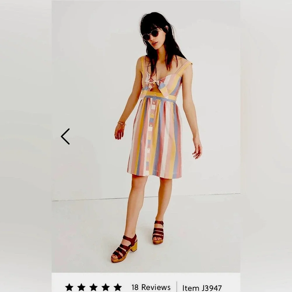 MADEWELL DRESS SIZE 0 STRIPED FRONT TIE CUTOUT MIDI BLUE PINK YELLOW SHE… - Picture 13 of 13